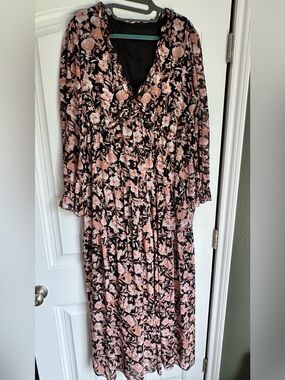 Women’s Black Floral Midi Dress XL Boho Long Sleeve Lined Ruffle